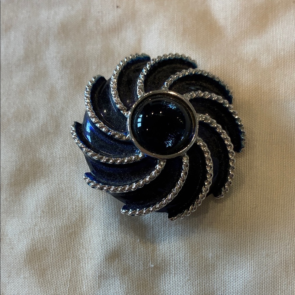 Vintage Silver and Cobalt Swirl Brooch